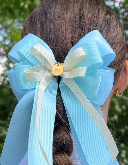 Powder blue horse show bow for jumper riders