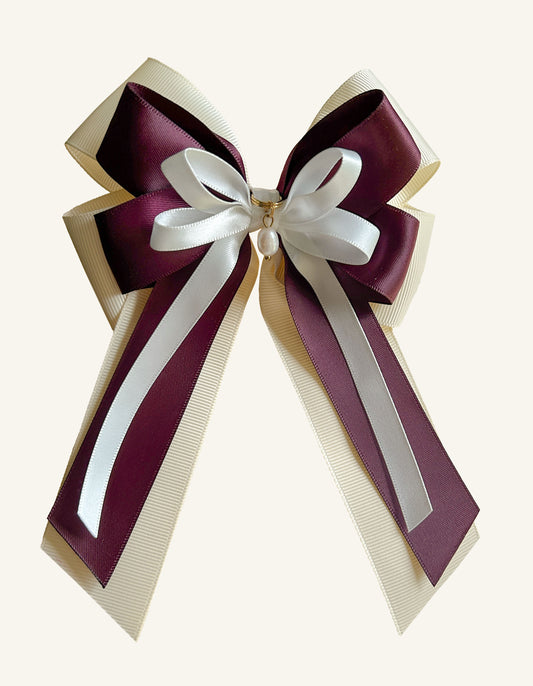 Burgundy pearl equestrian jumper bow for horse shows