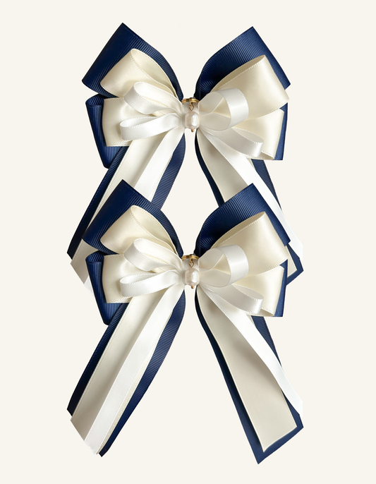 Coastal Elegance navy and ivory equestrian show bows for horse shows