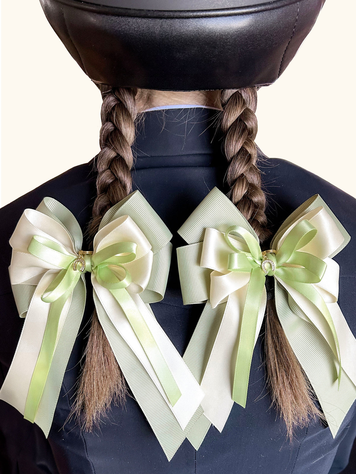 Handcrafted green equestrian show bows for horse shows