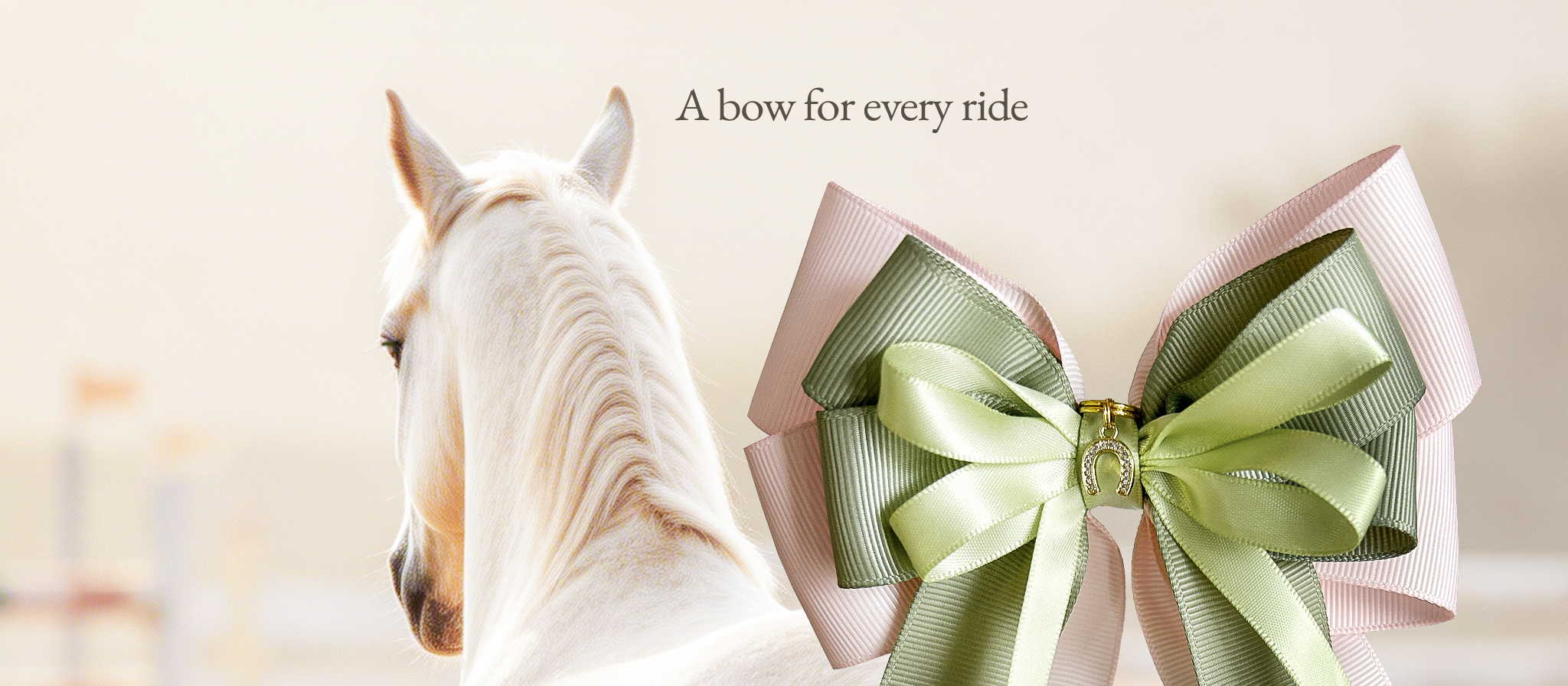 Equestrian show bow for young riders displayed with a horse