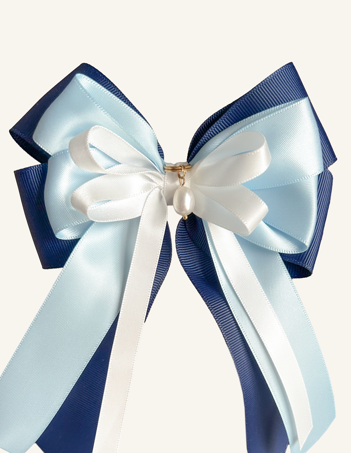 Light blue and navy equestrian hair bow with pearl charm – Ocean Whisper by Bows & Charms