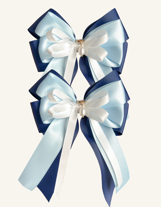 Blue and navy equestrian show bows for horse shows – Ocean Whisper by Bows & Charms
