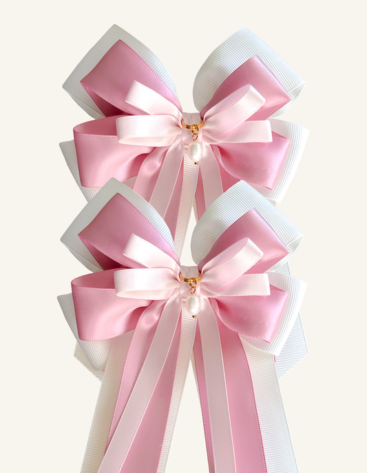 Pair of Pink Pearl pink and white equestrian hair bows with pearl charms