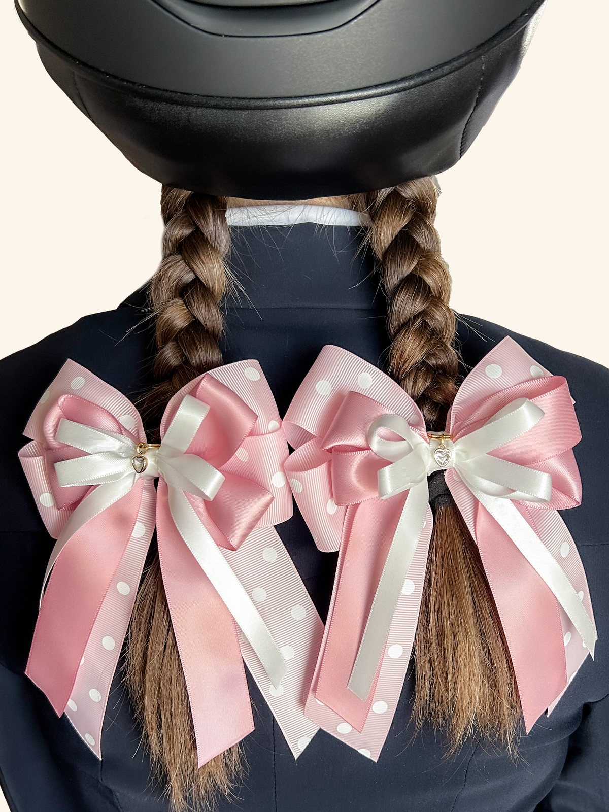 Pink polka dot horse show bows with gold French barrettes