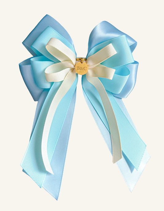 Powder blue equestrian jumper bow for horse shows