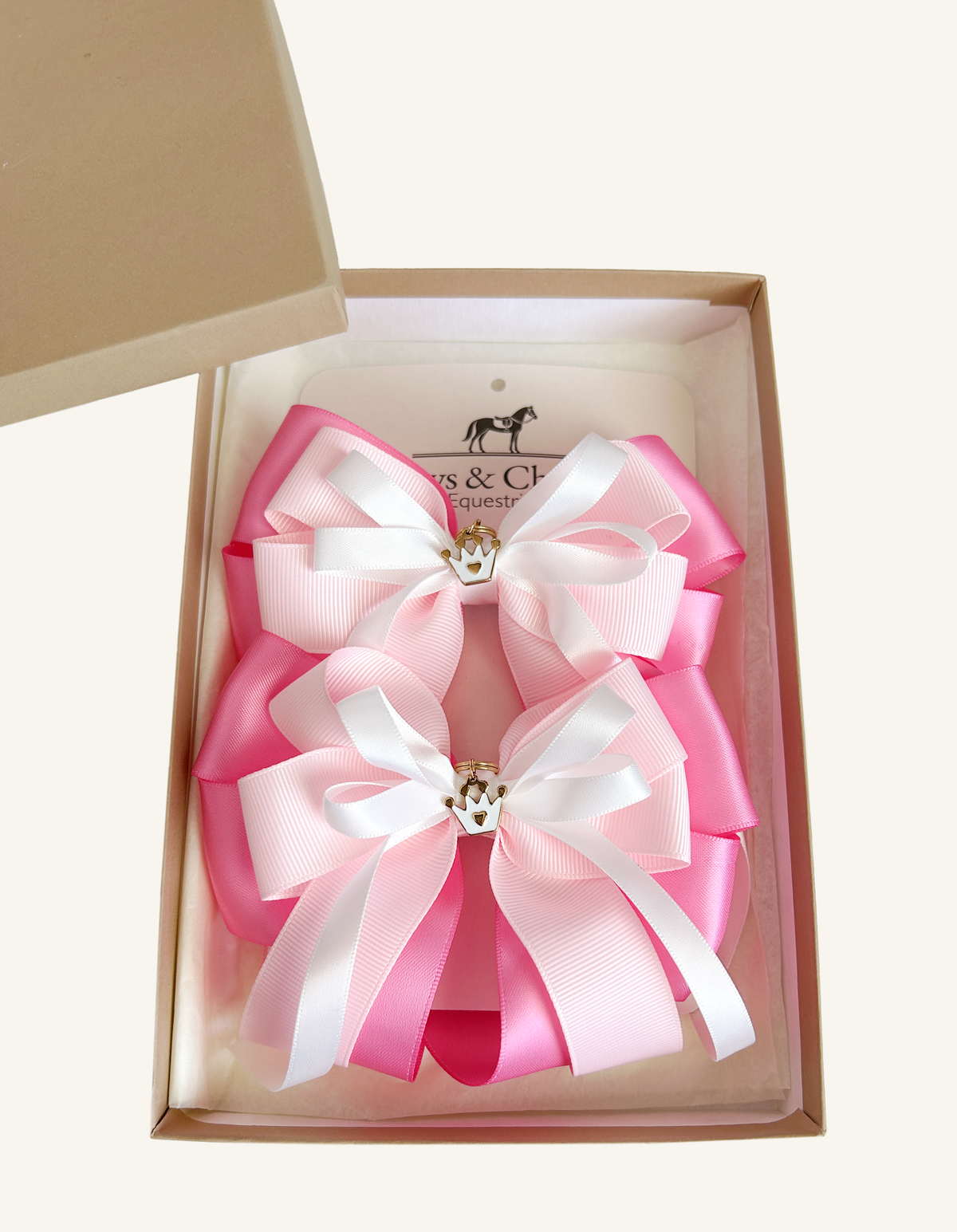 Pink and white equestrian show bows in Bows & Charms gift box – Pretty in Pink