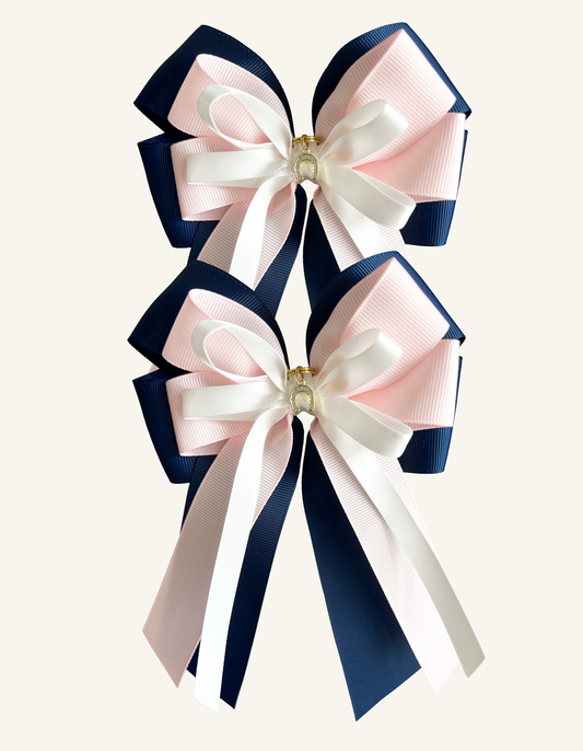 Royal Blush navy pink and white equestrian show bows for horse shows