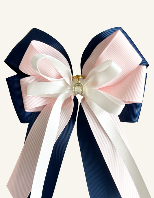 Royal Blush navy and pink horse show bow with gold horseshoe charm