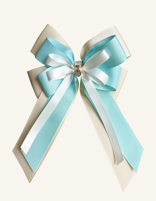 Turquoise and ivory equestrian jumper bow with heart charm